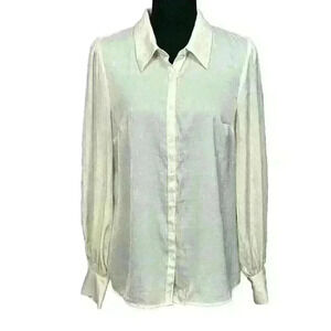 Modcloth Womens Medium Ivory Button Up Blouse Polyester Long Sleeve Ruched Back